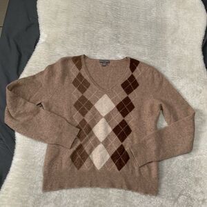 Apt 9 Womens Argyle V Neck 100% Cashmere Pullover Brown Sweater Size XL